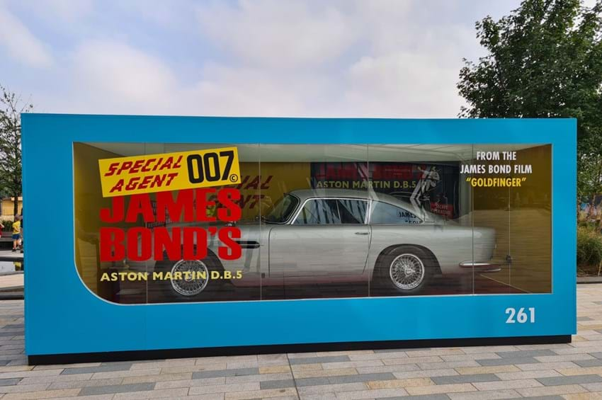 Full size Aston Martin DB5 Goldfinger complete with working gadgets on display at the Coaling Jetty outside Battersea Power Station!